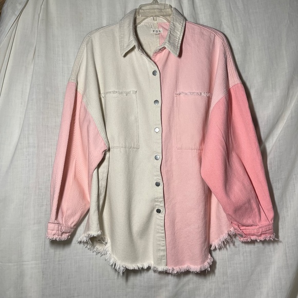 POL Women’s Shacket. Pink/White. Oversized Large. Long Sleeve. Barbiecore Fringe - Picture 1 of 8
